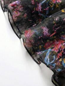 GlowEve Minissaia dupla em formato A com estampa floral texturizada, estilo romântico, elegante e francesa, perfeita para férias, encontros e trabalho. Ideal para a primavera/verão. - Preto - Ver 4