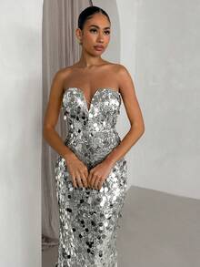 SHEIN Glamour Sequin Decorated Party Dress, Fashionable And Elegant - Silver - View 3