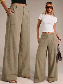 SHEIN Tall CURVE 大码女式纯色口袋阔腿宽松休闲裤 - 杏色 - 查看 4