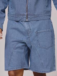 Musero 及膝细条纹不对称纽扣缝线细节牛仔短裤，前口袋细节设计，仅限下装，春夏必备单品 - 中等水洗藍 - 查看 1