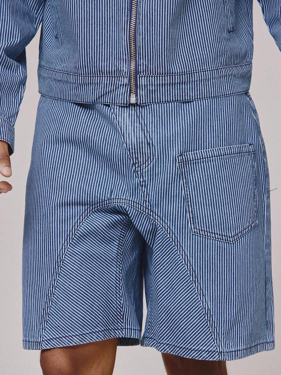 Musero 及膝细条纹不对称纽扣缝线细节牛仔短裤，前口袋细节设计，仅限下装，春夏必备单品 - 中等水洗藍 - 查看 1