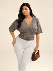 Auralis Plus Size Elegant Solid Color Batwing Sleeve Cinched Waist T-Shirt, Summer - Brown - View 5