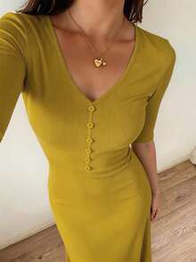 DAZY Minimalist Knit Fitted Long Dress Loungewear For Women - Olive Green - View 2