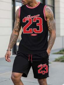 Manfinity Campus Court Plus Size Men's 23 Letter Print Sports Vest And Shorts Set Football - Black - View 7