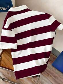 Manfinity Joysei Men's Casual Striped Short Sleeve Polo Shirt, College Style - Burgundy - View 2
