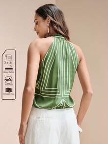 Aveloria Modichic Áo sơ mi nữ chất liệu satin bóng, cổ chữ V, dáng rộng, thắt eo, họa tiết hình học, thích hợp mặc đi làm hoặc mặc thường ngày. - màu xanh lá - Xem 4