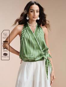 Aveloria Modichic Áo sơ mi nữ chất liệu satin bóng, cổ chữ V, dáng rộng, thắt eo, họa tiết hình học, thích hợp mặc đi làm hoặc mặc thường ngày. - màu xanh lá - Xem 5