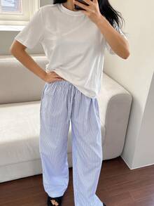 DAZY Simple T-Shirt & Striped Pants Pajama 2pcs Lounge Set, Outfits - White - View 3