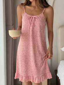 DAZY Floral Minimalist Daily Wear Sleeveless Ruffle Hem Women's Nightgown Pajama - Pink - View 2
