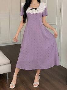 DAZY Polka Dot All-Over Print Ruffle Collar Bow Decor Short Sleeve Loose Nightgown For Women - Purple - View 2