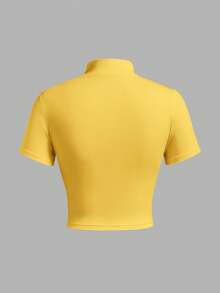 Exploreva Women's Stand Collar Color Block Fitted Casual Outdoor Short Sleeve T-Shirt - Yellow - View 2