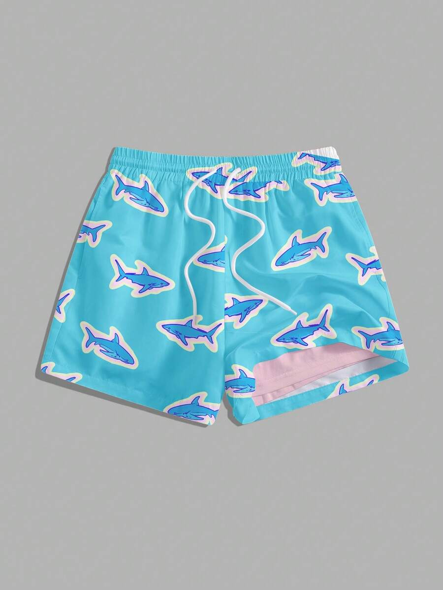 Manfinity RSRT Men's Shark Print Beach Shorts With Milk Silk Lining - Blue - View 1