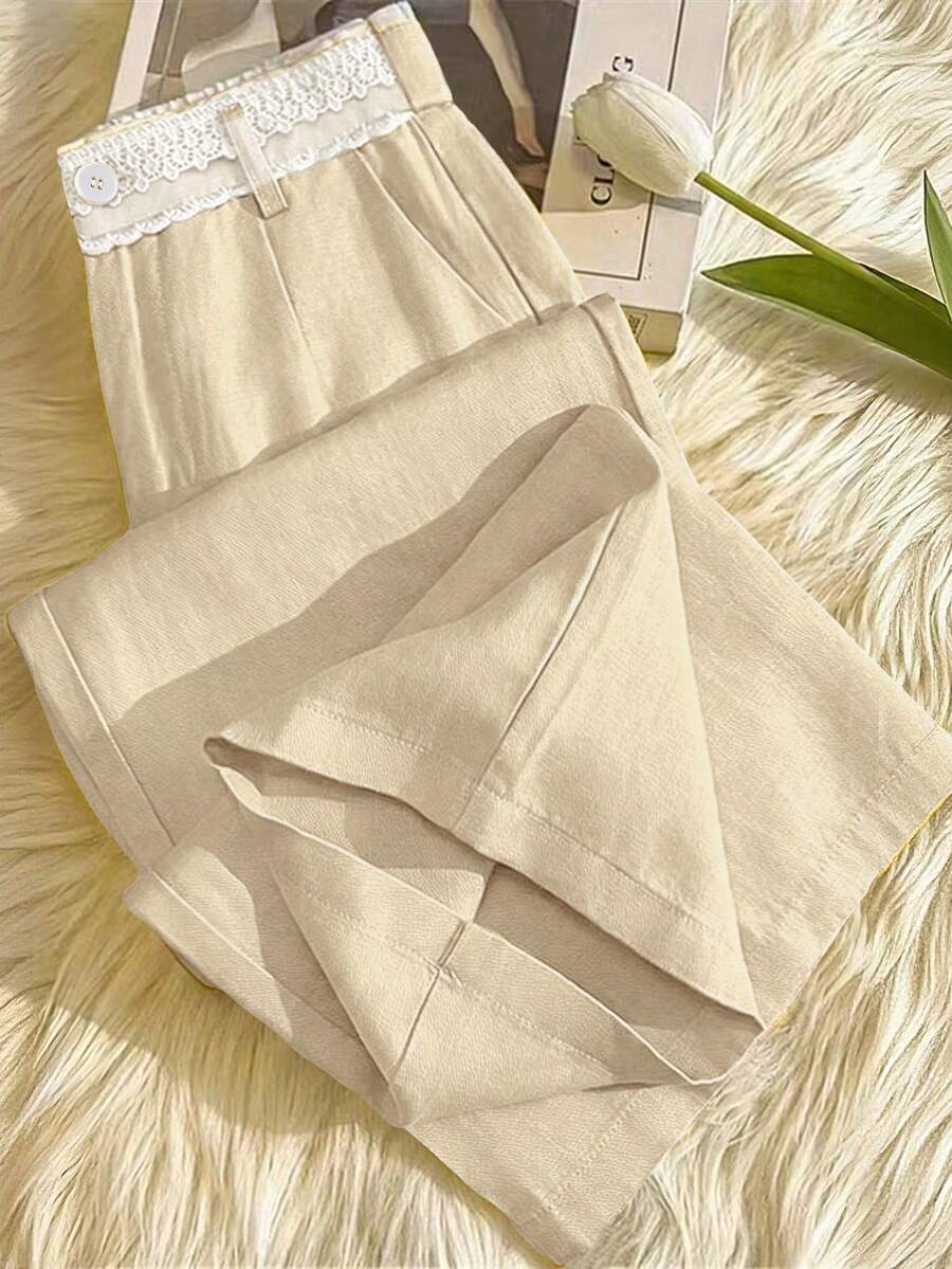 SHEIN Franclia Quần ống rộng màu vàng gừng tươi mát mùa hè - Quần ống suông cạp chun ren, cài một nút, dáng rộng thoải mái, kiểu dáng thời trang của các blogger, thích hợp mặc đi làm và đi nghỉ mát. - Màu be - Xem 1