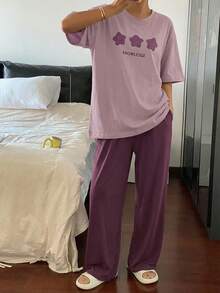 2pcs Women Casual Star Print Loose Short Sleeve Top And Pants Set, Loungewear Pajama - Purple - View 5