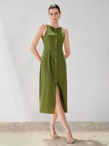 Aveloria Modichic Women's Olive Green Summer Elegant Tea Party Vacation Holiday Dress,Faux Linen Round Neck Asymmetric Metal Buckle Decor Waist Sleeveless Midi Dress - Green - View 2