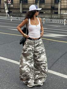 Coolane 男女夏季西部牛仔风街头服饰演唱会服装 Y2K 森林迷彩宽松低腰香蕉裤 - 灰色 - 查看 4