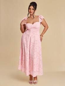 SHEIN BAE Robe d'été élégante de grande taille, couleur unie, avec découpes et volants à l'ourlet - Rose bonbon - Voir 6
