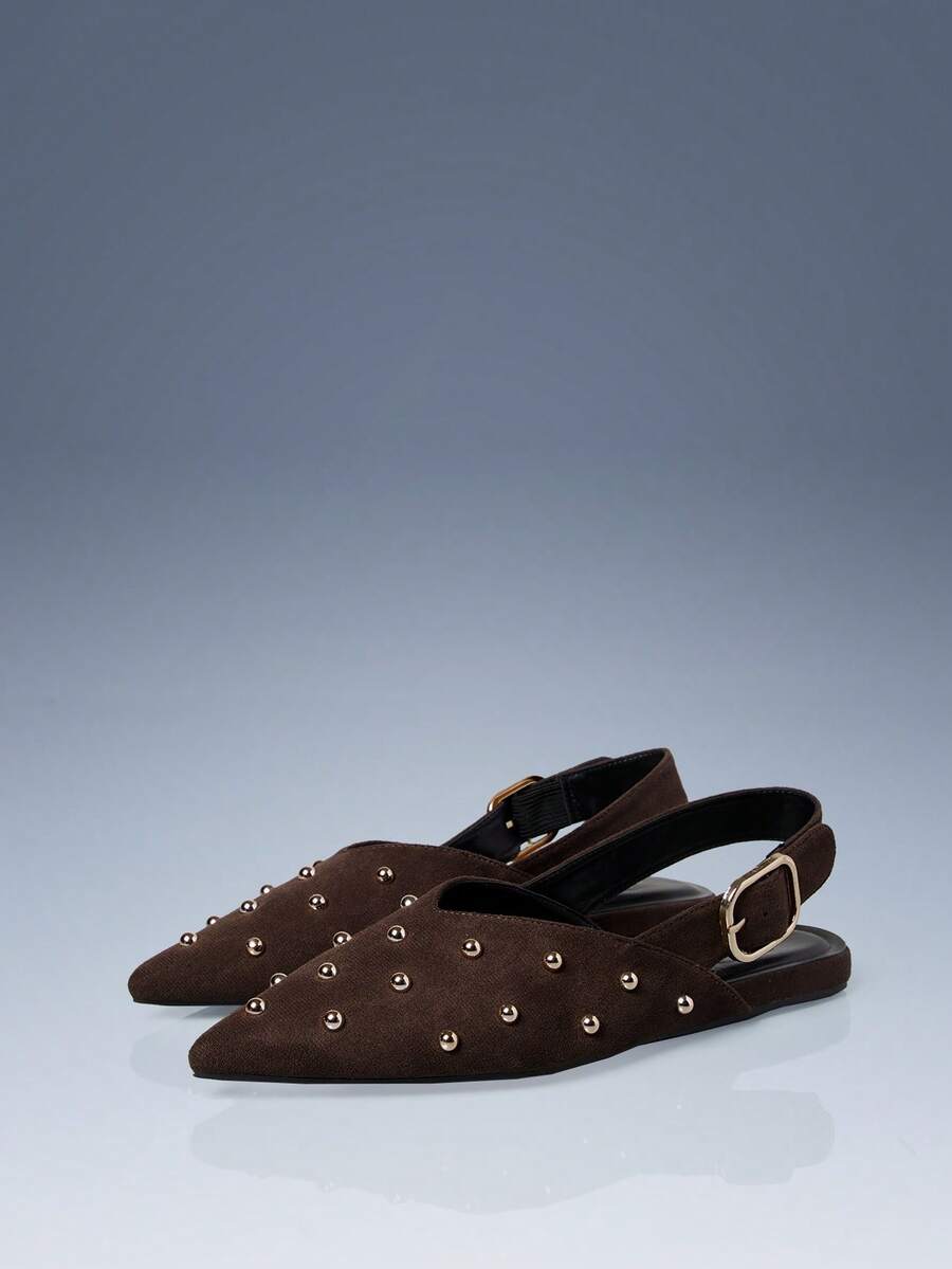 CUCCOO GRLICON Giày bệt mũi nhọn bằng da lộn đính đinh tán dành cho nữ, phù hợp với phong cách Y2K, Punk, các cô gái thời trang, đi làm văn phòng, Halloween, Giáng sinh và dự tiệc. - màu nâu - Xem 1