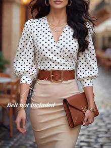SHEIN PETITE 春夏新款V领波点花瓣袖收腰短款女式衬衫 - 彩色 - 查看 1