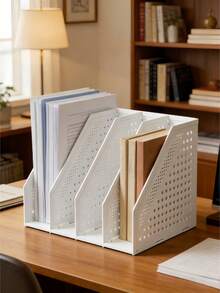 1pc Telescopic Expandable Foldable Bookend 3 4 Compartments Desktop Storage Rack Adjustable Office Desk Organizer File Holder Shelf Black Metal Book Stand For Students Home School Supplies Desktop Shelving Unit Space Saving Stackable - White - View 4