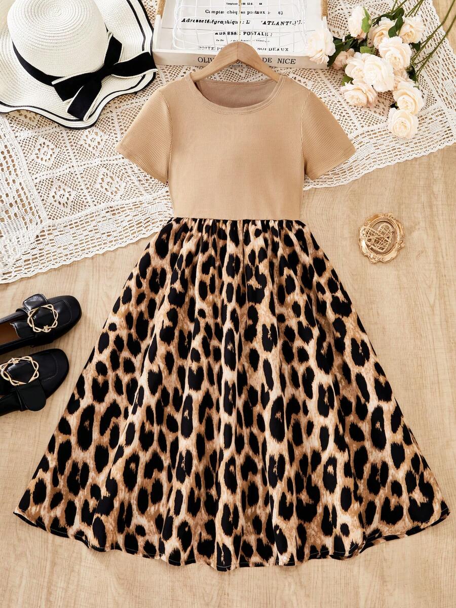 Tween Girls' Spring/Summer Short Sleeve Knit Patchwork Leopard Print Dress, Comfortable Casual Everyday Versatile - Coffee - View 1