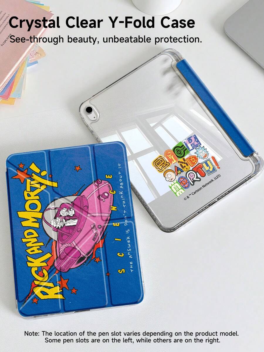 Rick and Morty X SHEIN 卡通飞船平板电脑保护套，兼容 iPad Pro 11/iPad Pro 10/iPad Pro 9/iPad Air 5/iPad Air 7 13 英寸/iPad Air 6 11 英寸，兼容三星 Galaxy Tab A9 Plus，高端质感，支持 3+Y 折叠，具备自动唤醒/睡眠功能和内置笔槽，防震保护套 - 彩色 - 查看 1