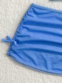 女童三件套比基尼泳衣，蓝色条纹针织面料，可调节肩带，印花裙摆带抽绳和蝴蝶结，时尚休闲优雅泳装，适合游泳、度假和夏季穿着。 - 藍色 - 查看 6