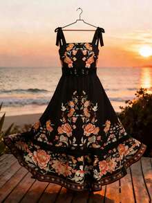 Breezaya 大码梭织印花优雅夏季度假连衣裙 - 黑色 - 查看 3