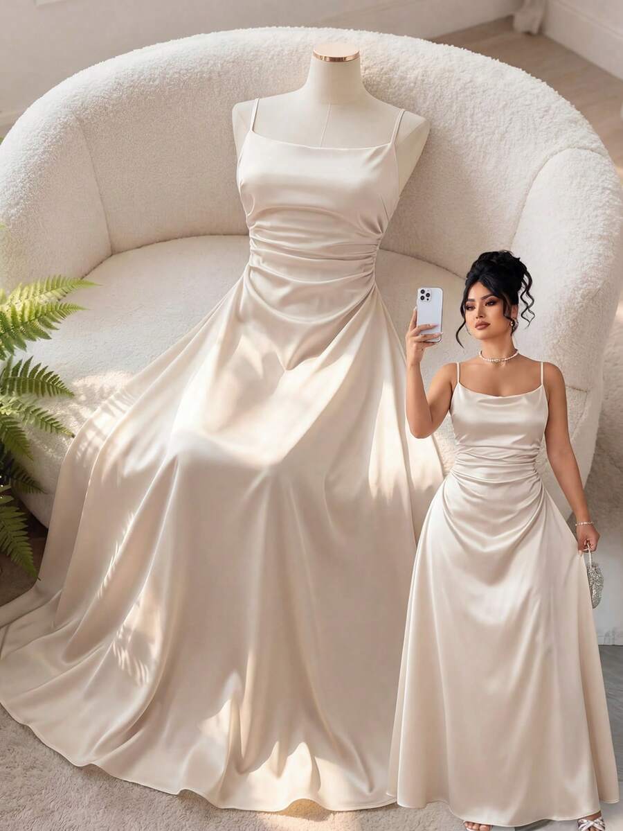 GlowEve CURVE Đầm hai dây thời trang xếp ly eo thon gọn dành cho phụ nữ cỡ lớn - Màu be - Xem 1