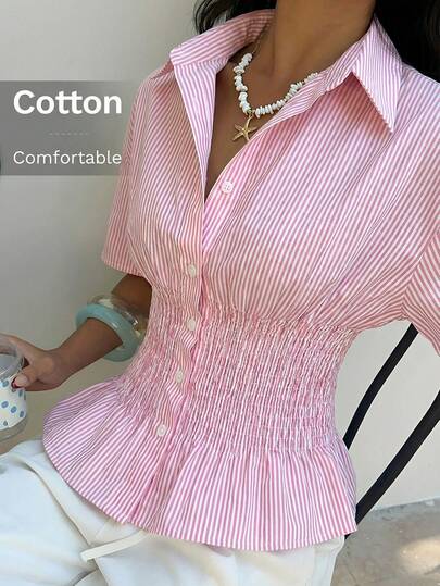 SHEIN EZwear Women's Fitted Waist Casual Vacation Shirt In Pink Stripes, Summer Cottage Core Clothes For Women Cotton Clothes Button Up Tops Cotton Blouses Cottage Core Tops,Pink Top Shirred Waist Top Ladies Casual Shirts Striped Cotton Shirt Cotton Womens Shirts Womens Cotton Tops