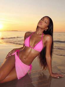 Swim Vcay Bộ đồ bơi bikini trơn màu mới cho nữ, áo ngực dây mảnh màu tương phản, quần lót hở hông cao, váy lưới buộc bên hông, đồ bơi bikini 3 mảnh - Hồng - Xem 2