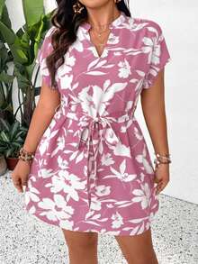 SHEIN Frenchy Summer Plus Size Vacation Batwing Sleeve V-Neck Tie Waist Dress - Pink - View 4