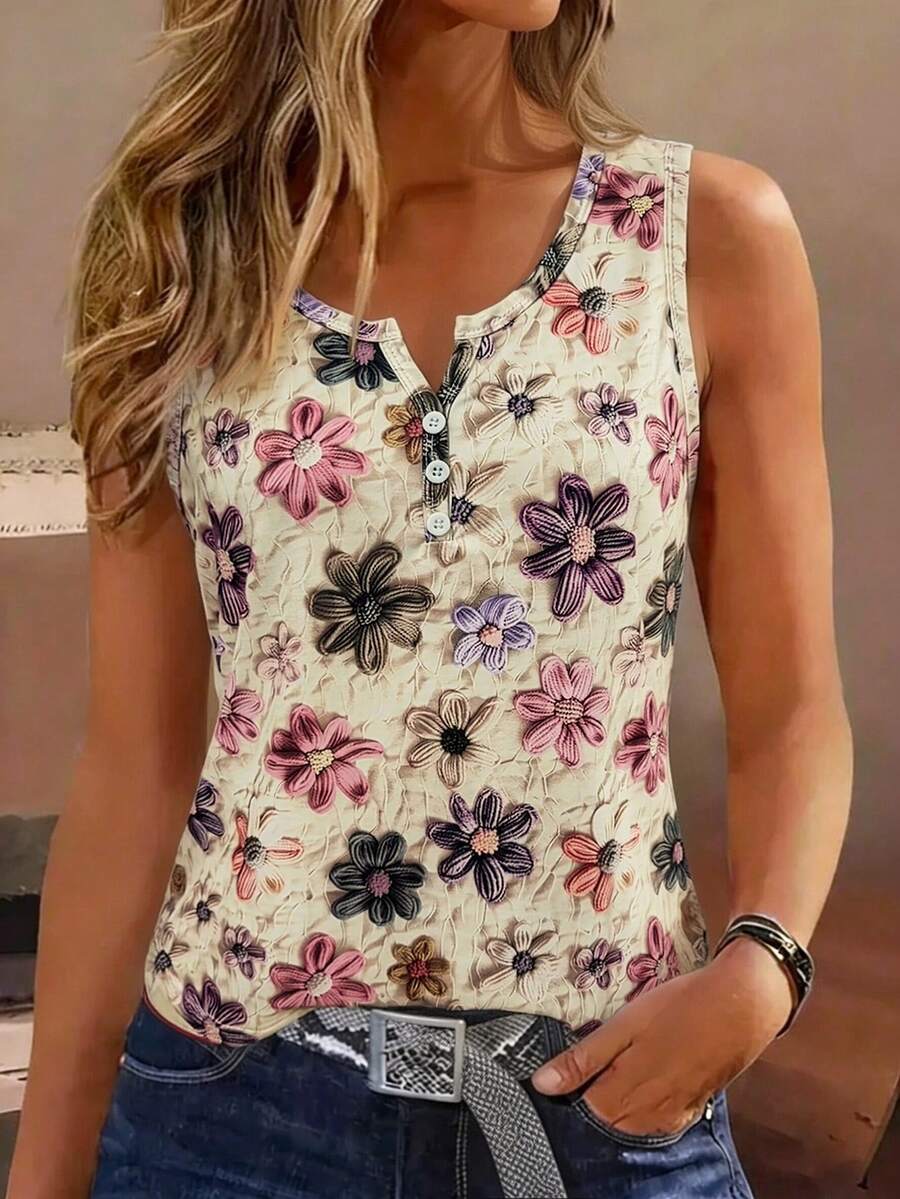 Selamara Camiseta de tirantes con estampado de palmeras para mujer - Multicolor - Ver 1
