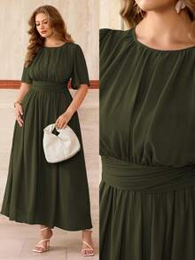 Roveilla 大码女装春夏法式浪漫西西里风优雅休闲通勤度假下午茶派对纯色雪纺面料圆领褶皱多层荷叶边下摆无袖雪纺长裙 - 軍綠色 - 查看 6