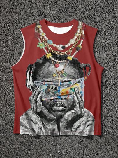 Manfinity EMRG Dây chuyền nam với hình ảnh và khẩu hiệu in trên mặt nạ, kiểu áo tank top không tay phong cách hip hop đường phố.