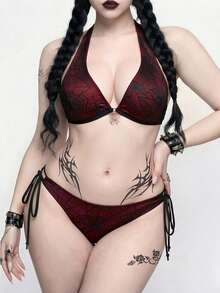 ROMWE Goth 大码哥特风泳衣，红黑蜘蛛网图案挂脖系带比基尼，显瘦又显身材的亚文化性感泳装 - 彩色 - 查看 3