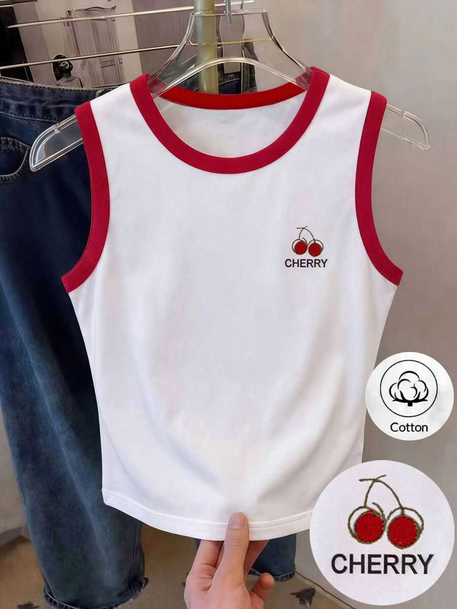 Airaco 女士圆领撞色滚边樱桃印花休闲百搭日常上衣 - 白色 - 查看 1