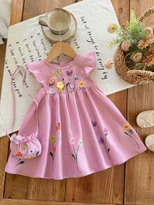 SHEIN LMoss Kids Buy One Get One Free 2-Piece Set Including A Free Crossbody Bag. Cute Baby Girl Woven Embroidered Round Neck Ruffle Hem Dress With Diagonal Shoulder Bag, Sisters Outfit, Suitable For Spring And Summer. - Pink - View 3