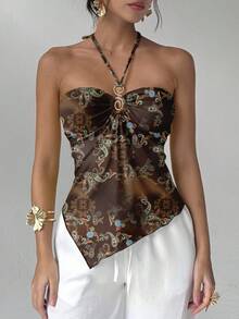 Aloruh 女士复古度假风棕色碎花褶皱不对称下摆时尚吊带背心，棕色度假上衣，适合海滩度假、夏季海滩装扮、音乐节 - 棕色 - 查看 5