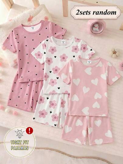 [3 Bộ Ngẫu nhiên, Giao 2 Bộ] Bộ đồ ngủ ngắn tay và quần short phong cách tối giản dễ thương cho bé gái, họa tiết chấm bi, trái tim và hoa, áo liền thân cổ tròn, kiểu dáng ngọt ngào và đáng yêu, chất liệu vải dệt kim co giãn mềm mại, bộ đồ ngủ thoải mái cho mùa xuân/hè.