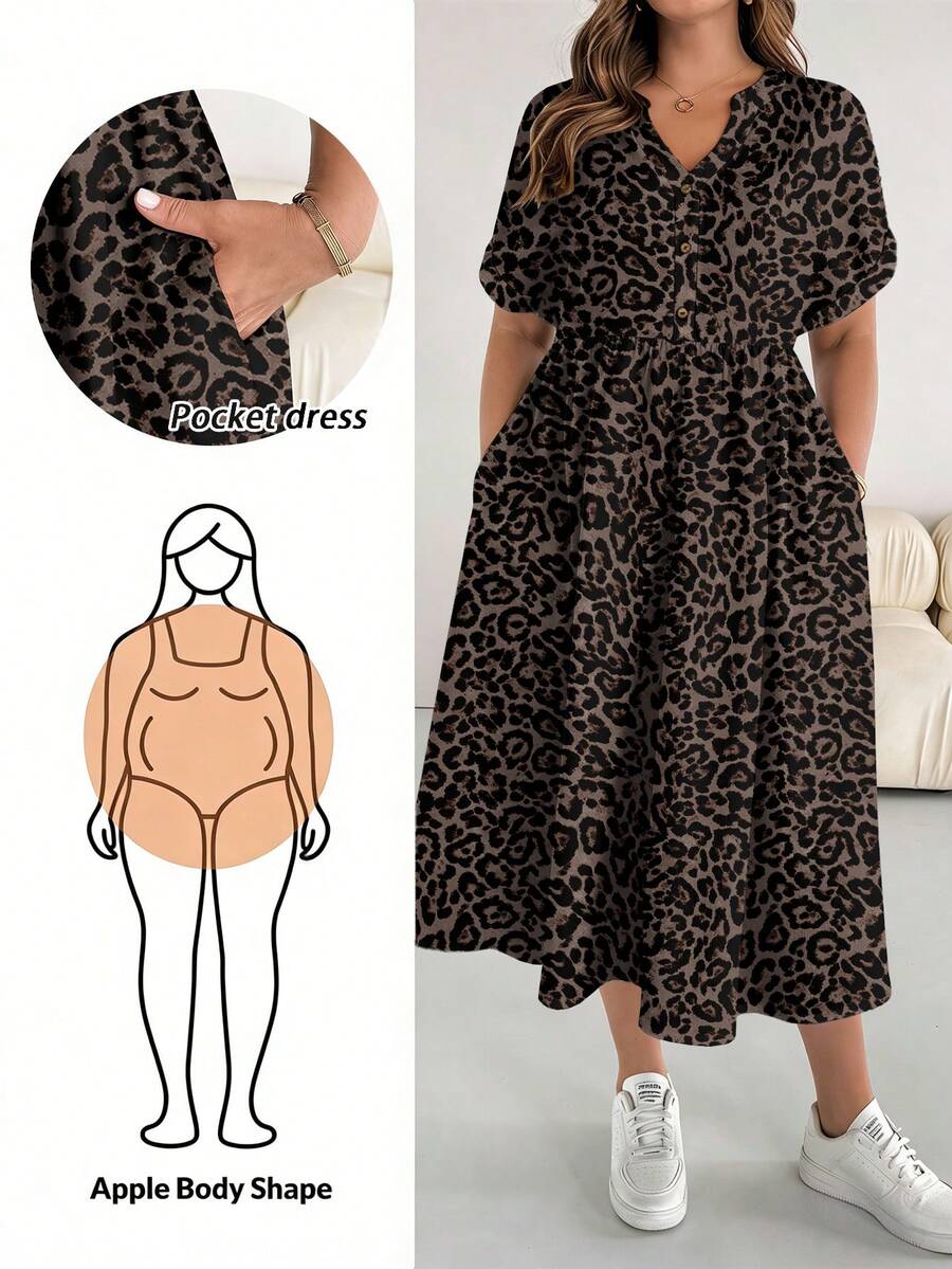 SHEIN Essnce Vestido casual de verano con estampado de leopardo y cuello recortado para tallas grandes - Multicolor - Ver 1