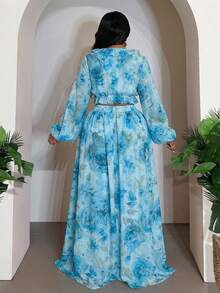 Veslaya Set Atasan Pendek dan Rok Panjang Motif Bunga Romantis Musim Semi/Panas, Cocok untuk Liburan, Pantai, Pesta, Kencan, dan Ukuran Plus - Biru - View 2