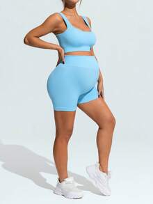 SHEIN Maternity Solid Color Sports Bra And Shorts Set - Blue and White - View 6