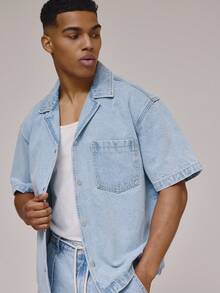 Musero Oversized Washed Short Sleeve Jean Style Jacket Revere Collar Button Through Front Pocket Denim Shirt Top Spring Summer Holiday Essentials - Light Wash - View 1