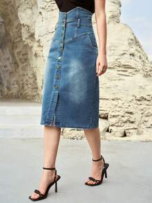 PREMIUM CHÂN VÁY NGẮN BẰNG VẢI DENIM MÀU XANH ĐẬM, CẠP CAO, XUÂN/HÈ - Rửa nhẹ - Xem 5