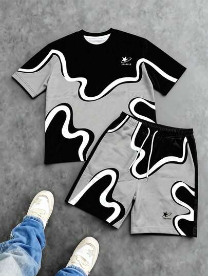 Manfinity EMRG Bộ áo thun và quần short nam phối màu thường ngày, thích hợp cho mùa hè.