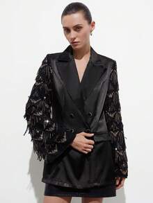 Aveloria Modichic European And American Style Sequin Patchwork Double-Breasted Shiny Blazer - Black - View 4