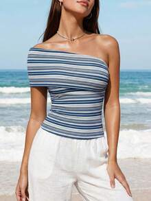 Swim Vcay 女士夏季度假不对称领单肩褶皱修身条纹无袖上衣，女士夏季服装，夏季上衣，短款上衣，露肩上衣，抹胸，女士度假服装 - 藍色 - 查看 5
