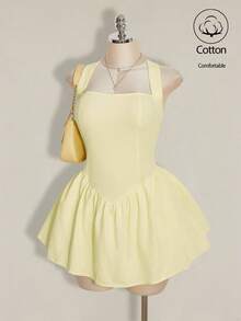 SHEIN ICON 大码女式黄色系带露背吊带连衣裙 - 黃色 - 查看 4