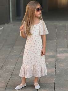 DAZY Tween Girl Ditsy Floral Square Neck Ruffle Sleeve Loose Casual Dress Summer Easter - Beige - View 3